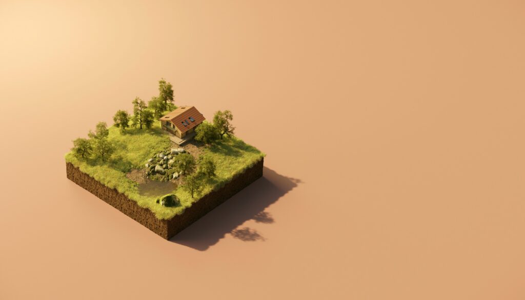 3D-weergave van een perceel met een gebouw
